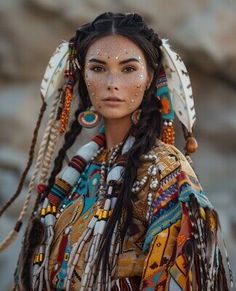 a native american woman with long braids and feathers