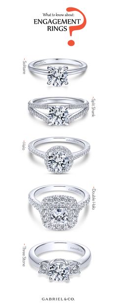 three different engagement rings with diamonds on each side and the words, which are written in red