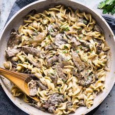 a skillet filled with pasta and mushrooms