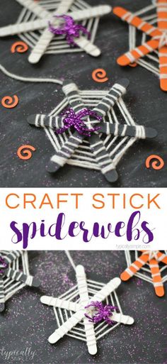 the craft stick spiderwebs are made with construction paper and glue, then decorated with purple glitter