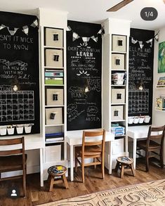 the chalkboard wall is decorated with writing on it