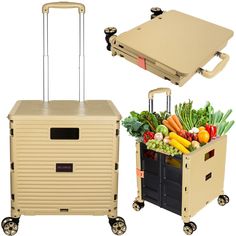 a pink cooler with wheels and handles filled with fruits and vegetables next to a cart full of produce