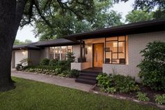 a house that is next to a tree in the grass and some plants on the lawn