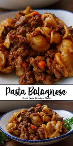 A double photo collage of pasta bolognese in a white bowl. Italian Sausage Sauce, Meaty Pasta, Sausage Penne Pasta, Sausage Sauce, Enchilada Pasta, Pasta Bolognese, Carrots Celery, Italian Meats, One Pot Pasta Recipes