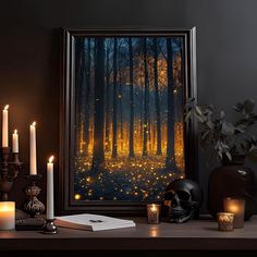 an image of a night in the forest with fireflies and candles on a table