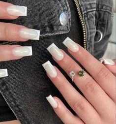 Short squared White on white French tip Russian manicure acrylic nails White On White French Tip, White On White French, White French Tip Acrylic Nails, White French Tip Acrylic, White French Tip, French Tip Acrylic Nails, White French, White On White