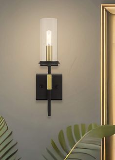 a black and gold wall light with a glass shade