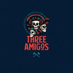 three amigoss logo on a dark blue background with two skulls in the middle