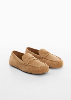 Suede leather moccasin -  Women | Mango USA Feather Coat, Moccasins Women, Leather Shopper Bag, Denim Heels, Leather Moccasins, Leather Flat Shoes, Studded Leather, Shopper Bag, Leather Loafers