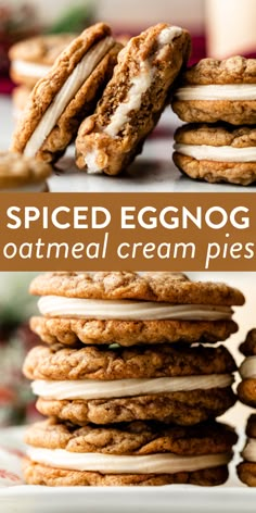 an eggnog oatmeal cream pie is stacked on top of each other