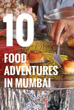 a person cutting food with a knife on top of an aluminum tray that says 10 food adventures in mumbai