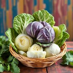 a basket filled with lettuce and other vegetables on top of a wooden table