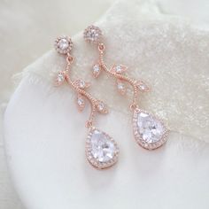 Rose gold crystal drop leaf bridal earrings - RYLIE - Treasures by Agnes Rose Gold Bridal Earrings, Rose Gold Wedding Jewelry, Gold Bridal Earrings, Gold Wedding Jewelry, Rose Gold Crystal, Earrings Rose Gold, Rose Gold Bridal, Jewelry Bridesmaid, Crystal Dangle Earrings