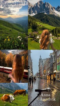 a collage of photos with mountains, grass and people walking down the street in front of them