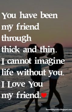 two people walking on the beach with text that reads, you have been my friend through thick and thin i cannot imagine life without you love you