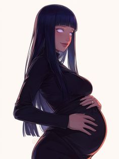 a pregnant woman with long black hair and blue eyes