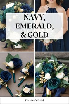 navy, emerald and gold wedding bouquets