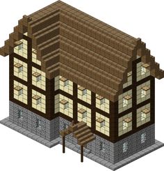 an image of a building that is made out of wood and stone with windows on each side