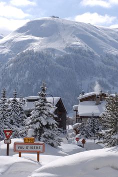 snow covered trees and houses in the background with a mountain range behind them on a sunny day