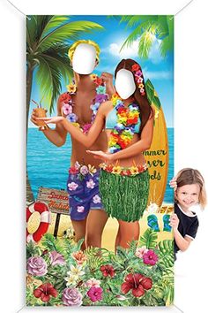 two people standing next to each other in front of a beach with flowers and palm trees