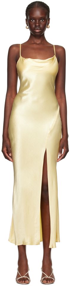 Bias-cut viscose hammered satin and mesh dress. · Cowl neck · Slit at front hem · Adjustable spaghetti straps · Hook-eye fastenings at back Supplier color: Butter yellow Bec Bridge, Butter Yellow, Cowl Neck Dress, Split Maxi Dress, Bec & Bridge, Split Dress, Necklines For Dresses, Hook Eye, Mesh Dress