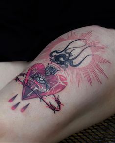 a woman's leg with tattoos on it and an eyeball in the middle