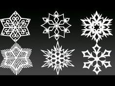 six snowflakes are shown in white on a black background, each with different shapes and sizes