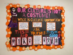 a bulletin board with pictures on it and words written in different languages that read,'our culture is not a costume what is cultural apportation?