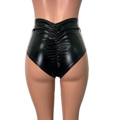 Our classic high waist hot pants with scrunch ruching detail in back to offer a "cheekier" look and panel side. These hot pants are made of stretchy black metallic spandex with holographic spider web inset sides and sit high on your natural waist. Wear as a bikini bathing suit bottom, panties, rave shorts, running shorts, etc. They have a built in liner and are made to be flattering to your figure. Fitted High Waist Club Shorts, High Waist Fitted Bottoms With Boning, Fitted High Waist Bottoms With Boning, Fitted High Waist Shorts For Club, Black Bottoms With Wide Waistband For Party, Black Bottoms With Boning For Night Out, Party Bottoms With Ruched Sides And Stretch, Stretch Party Bottoms With Ruched Sides, Stretch High Waist Swimwear For Club