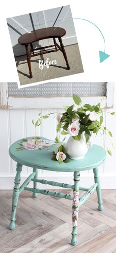 an old chair turned into a table with flowers on it and the words before painted