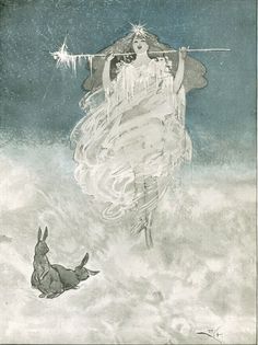 a drawing of a woman and a dog in the clouds