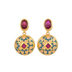 Ruby 14K Gold Vermeil Over Sterling Silver Art Deco Enameled Earring 925 Silver = 7.00 gm. Ruby = 2.80 ct. Ruby is the birthstone for July and is a symbol of energy, power and love. The beautiful earring measures to be 1.10 inches long and 0.65 inches wide at its maximum points. The earrings have been made by a team of highly trained and skilled artisans. What is Vermeil 14K Gold? It is a thick layer of 14K Gold plating on 925 Sterling Silver. If for any reason you are not completely satisfied, Yellow Gold Round Enamel Earrings, Enamel Drop Earrings For Anniversary, Red Gemstone Jewelry With Enamel, Red Enamel Jewelry With Gemstone, Traditional Yellow Gold Enamel Earrings, Formal Round Enamel Earrings, Hallmarked Gold Enamel Earrings, Multicolor Enamel Jewelry With Cabochon, Multicolor Cabochon Enamel Jewelry