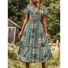 Green Bohemia Print Pleated Woven Casual Dress Women Dresses Casual, Casual Dress Women, Trendy Boutique, Chic Boutique, Boutique Dresses, Women Dresses, Dresses Casual, Dresses For Women, Formal Occasion