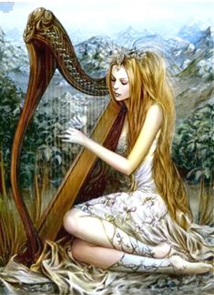 a painting of a woman playing a harp