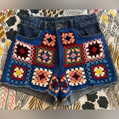 Colorful Crochet Detailed Jean Shorts By Farm Rio For Anthropologie Nwot. High-Rise Medium Wash Denim Shorts. Zip Fly With A Button Closure And A Raw Hem. Size 27 But Run Slightly Small- Perfect For 26. Never Worn, Smoke Free Home. Casual Bottoms With Crochet Trim In Short Length, Casual Cotton Shorts With Crochet Trim, Casual Crochet Trim Short Bottoms, Casual Crochet Trim Shorts, Bohemian High Waist Fitted Shorts, Bohemian High-waist Fitted Shorts, Fitted Crochet Short Bottoms, Cotton Bottoms With Crochet Trim, Cotton Shorts With Crochet Trim