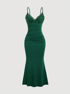 Dark Green Elegant Collar Sleeveless Knitted Fabric Plain Cami Embellished Medium Stretch  Women Clothing Slytherin Party Dress, Elegant Green Dresses, Green Formal Dresses, Dark Green Dress, Maxi Outfits, Dress Tight, Satin Dress Long, Lace Splicing, Grad Dresses