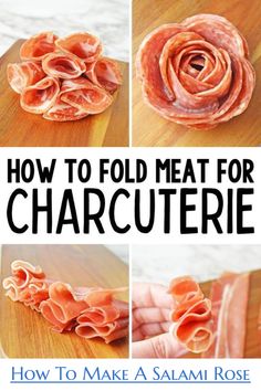 how to fold meat for charcuterie on a cutting board with text overlay