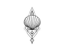 a black and white drawing of a shell with geometric shapes on it's side