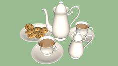 a tea set with two cups and saucers filled with cookies on a green background