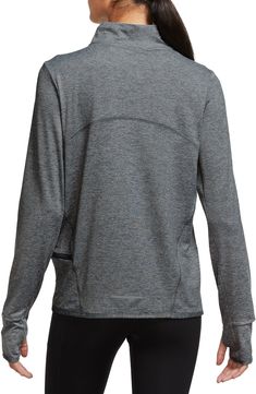 Stay comfortable on breezy days and protected on sunny days in this sweat-wicking quarter-zip pullover crafted with built-in UV protection. Signature Dri-FIT technology helps keep you cool and dry while a pocket at the side provides space for securely storing essentials and thumbholes at the cuffs keep sleeves in place during your morning run. 24" length (size Medium) Quarter-zip closure Long sleeves with thumbhole cuffs Dri-FIT moisture-wicking technology 88% polyester, 12% spandex Machine wash Nike Long Sleeve Moisture-wicking Activewear, Nike Moisture-wicking Long Sleeve Activewear, Nike Sporty Tops For Outdoor Activities, Functional Long Sleeve Activewear In Athletic Heather, Nike Long Sleeve Track Jacket For Gym, Nike Long Sleeve Activewear For Gym, Nike Sporty Long Sleeve Activewear, Nike Athleisure Tops For Outdoor Activities, Nike Sportswear Tops For Outdoor Activities