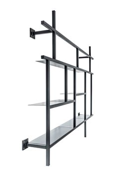 a metal shelf with glass shelves on the top and bottom, against a white background