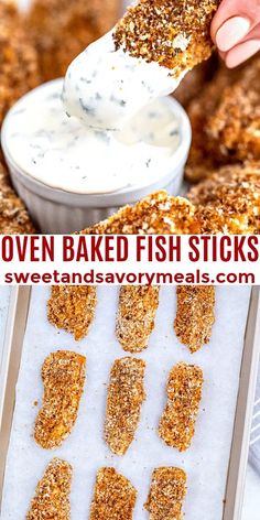 oven baked fish sticks are being dipped with ranch dressing and then topped with crumbs