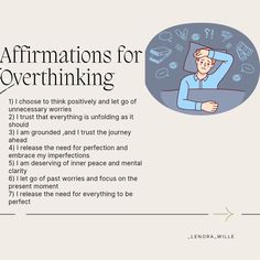 an info sheet with the words affirmations for overthiking