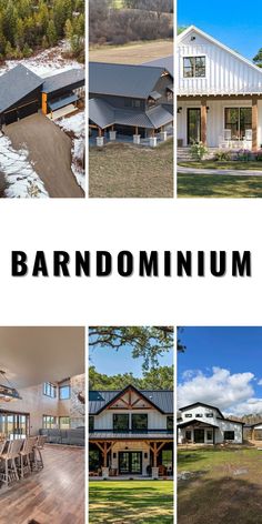 a collage of different houses with the words barndominiumum