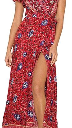 zesica women's bohemian floral printed wrap v neck short sleeve split Trendy Maxi Dresses, Bohemian Wrap, Ankle Dress, Printed Summer Dresses, Beach Maxi Dress, Bohemian Floral, Maxi Robes, Floral Print Shorts, Maxi Dress Party