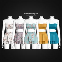 four different styles of dresses on mannequins with the words ruffle shriring set