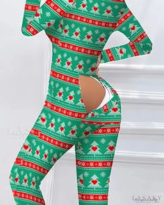 Lasaky - Adult Christmas Tree Print Functional Button Flap Pajamas Fitted Long Sleeve Christmas Sleepwear, Fitted Christmas Sleepwear For Loungewear, Green Long Sleeve Sleepwear For Holiday, Green Long Sleeve Holiday Sleepwear, Green Holiday Sleepwear For Winter, Green Sleepwear For Holiday Winter Season, Green Sleepwear For Winter Holiday, Lounge Romper, Christmas Tree Print