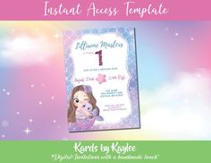 Mermaid First Birthday Invitation - Instant Access Editable Digital Download Third Birthday Invitations, Mermaid Birthday Invitations, Cute Mermaid, Birthday Invitations Girl, Mermaid Birthday Party, First Birthday Invitations, Third Birthday