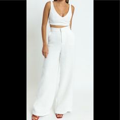 Never Worn, But Reposhing Because I No Longer Need This Item. Very Cute & Fits True To Size! Elegant High Waist Wide Leg Pants For Vacation, Elegant White Wide Leg Pants For Vacation, White Cropped Bottoms For Vacation, Cropped White Bottoms For Vacation, White Cropped Bottoms For Party, Cropped White Party Bottoms, White High-waisted Wide Leg Beach Pants, Cute Fits, Wide Leg Pants