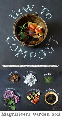 how to compost on a chalkboard with flowers and herbs in it, including carrots